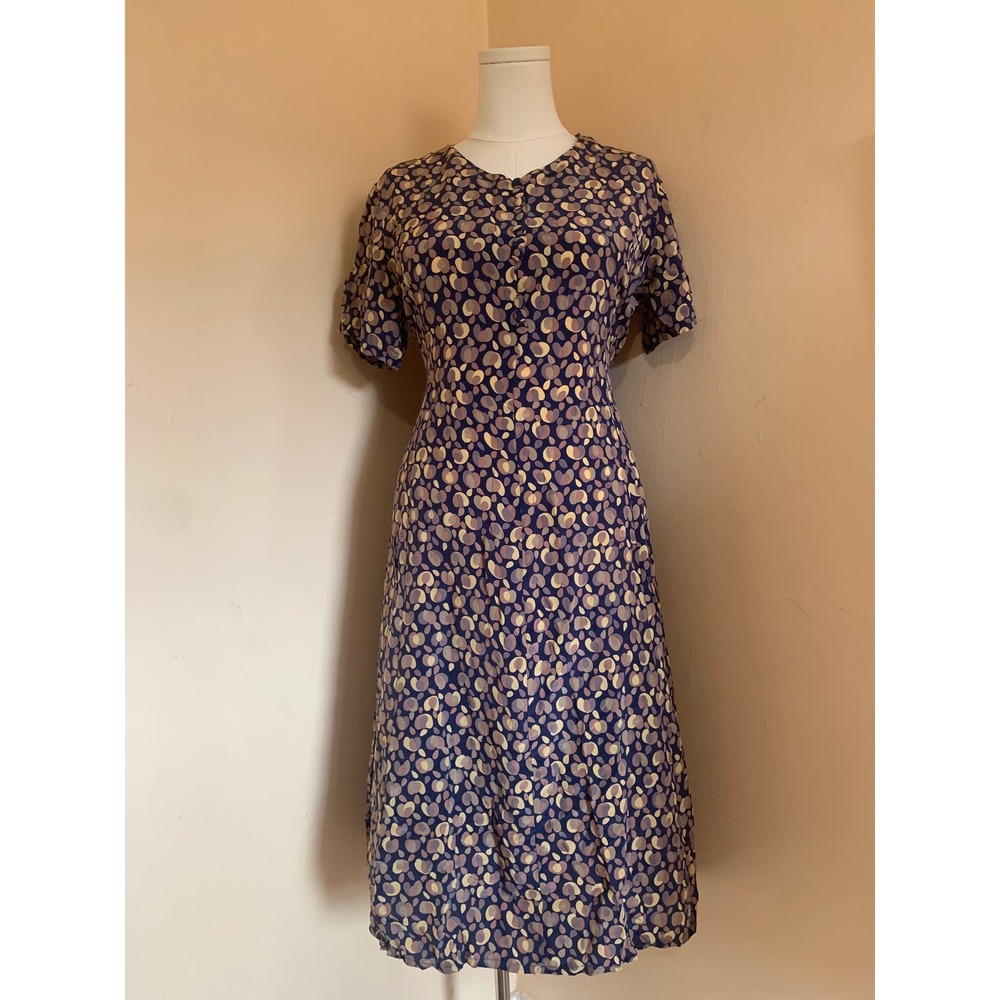 Vintage Mei Blue Abstract Polka Dot Short Sleeve Midi Dress L Silk